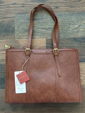 Lovevook Brown Faux Leather Laptop Work Bag, Zipper Top, NEW, nwt